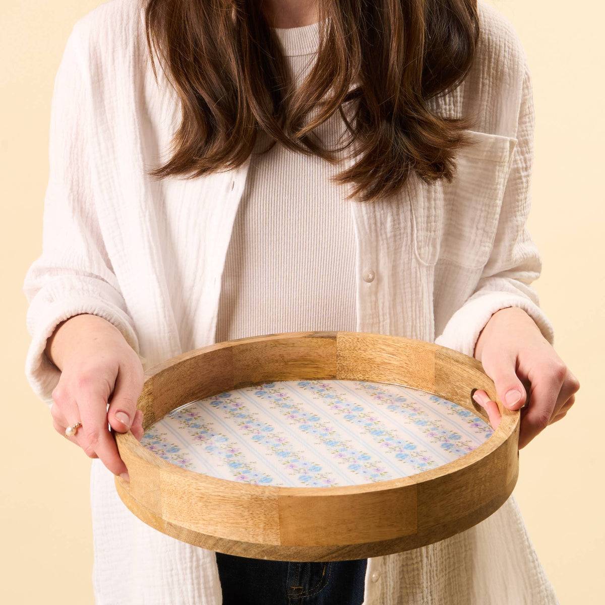 Large round wood enamel tray with blue floral design, photo 4 of 4