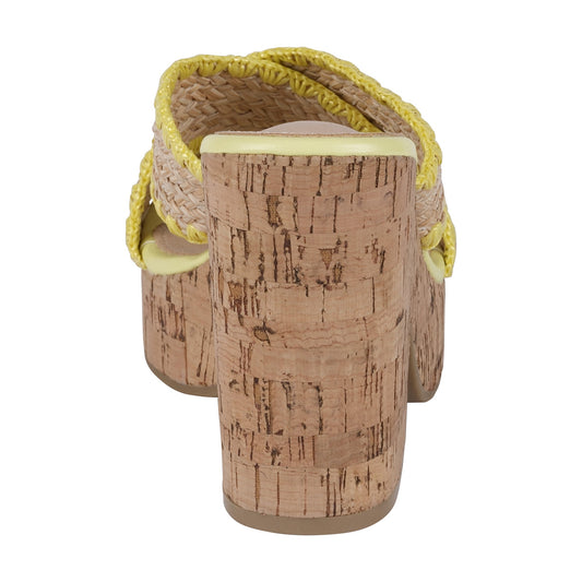 Yellow woven cross strap wooden platform heeled sandals, photo 2 of 5