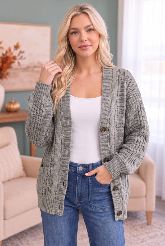 Olive chunky cable knit button down cardigan, photo 2 of 3