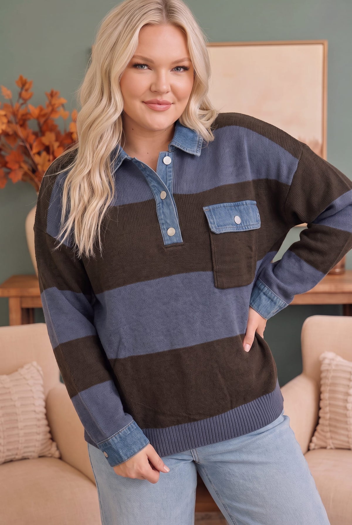 Blue and brown striped knit sweater with denim collar, photo 6 of 6