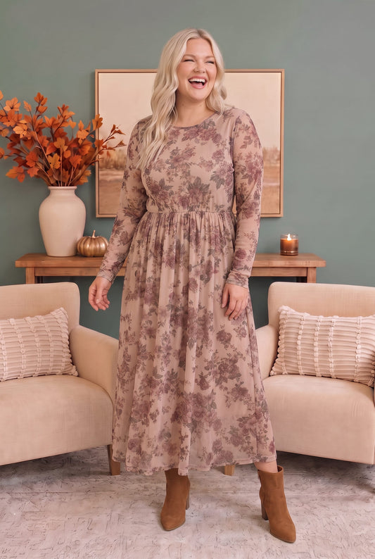 Blush long sleeve floral mesh midi dress, photo 2 of 4