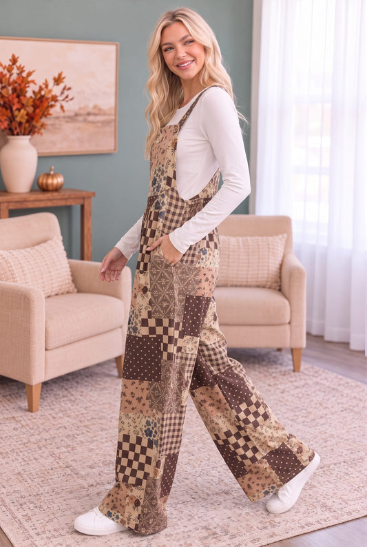 Wide leg overalls in floral, check, polka dot and plaid patchwork, photo 2 of 3
