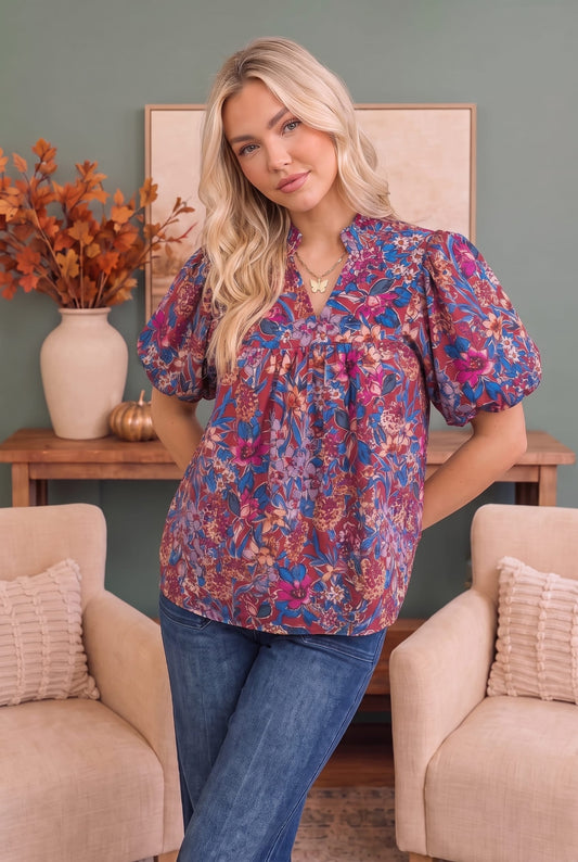 Jewel tone floral babydoll top with puff sleeves, photo 2 of 6