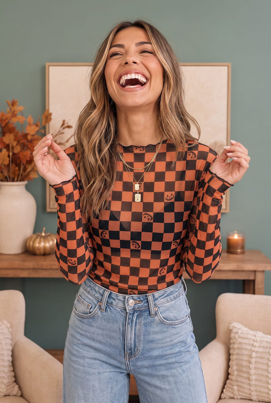 Orange and black checkered mesh top with jack-o-lantern print, photo 2 of 3