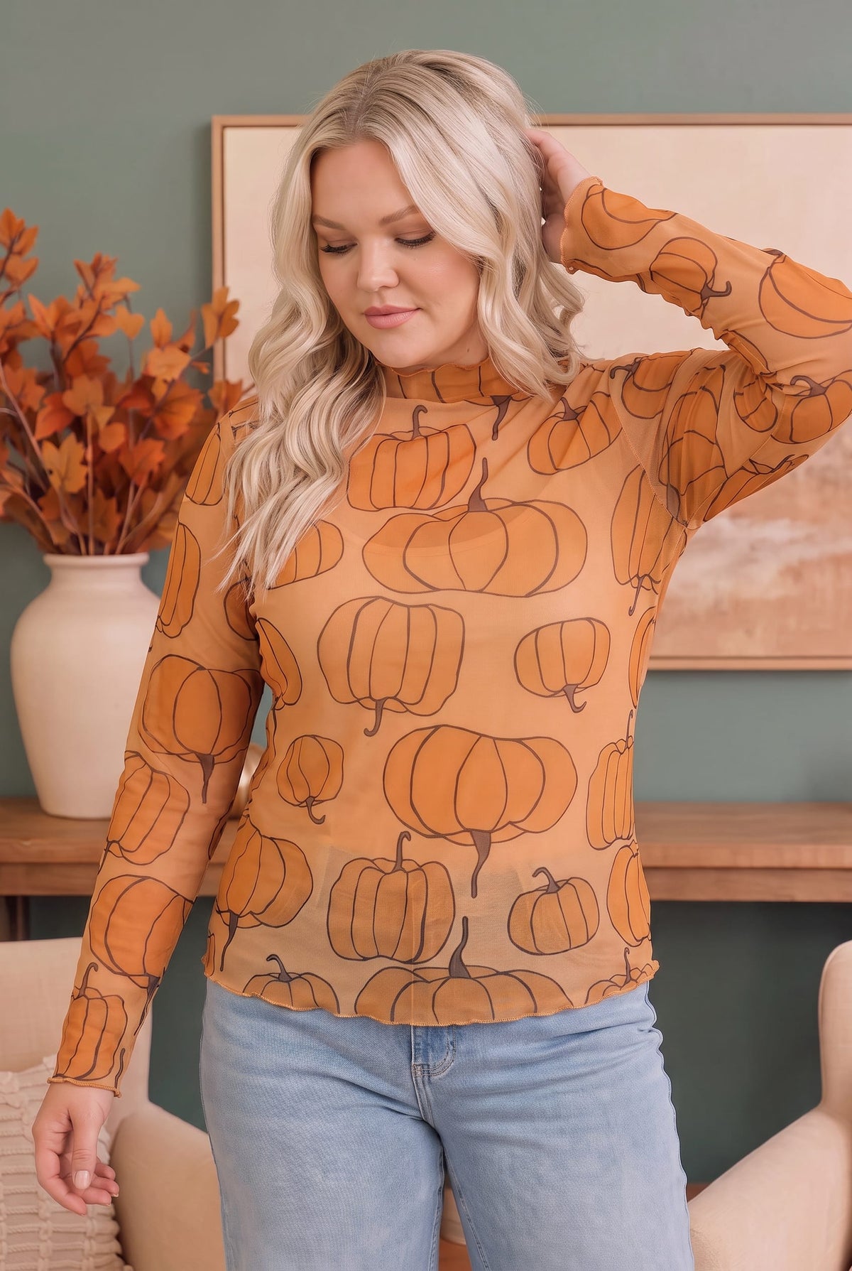 Mesh mock neck long sleeve top with pumpkin print, photo 6 of 6