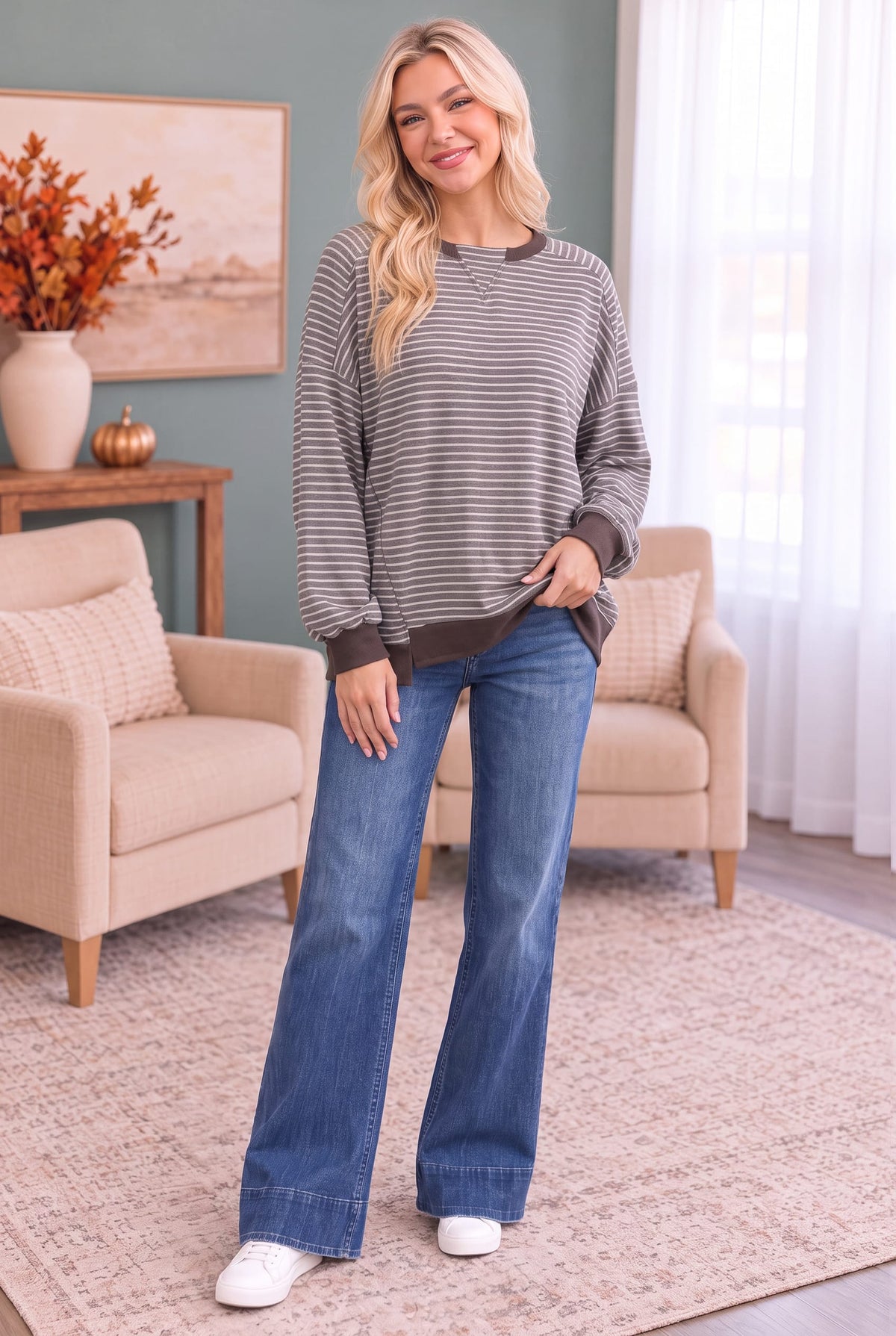 Mocha striped raglan pullover, photo 3 of 3