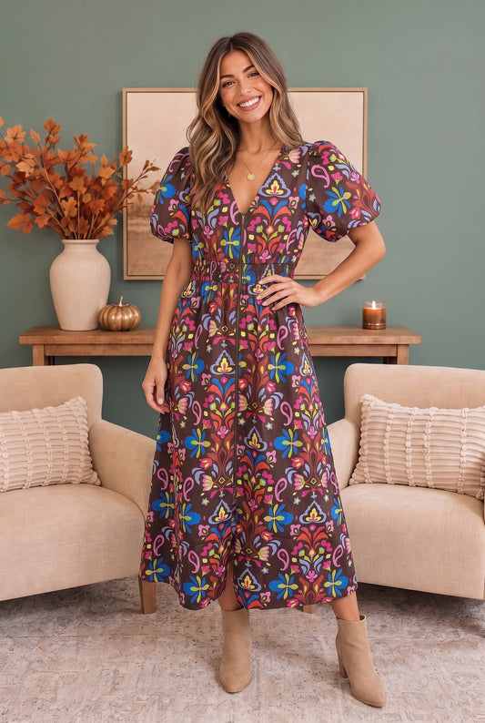 Chocolate brown zip front midi dress with colorful retro florals, photo 2 of 4