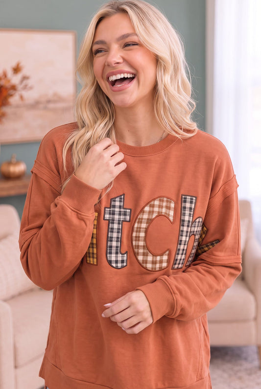 Rust sweatshirt with plaid patchwork lettering, photo 2 of 3