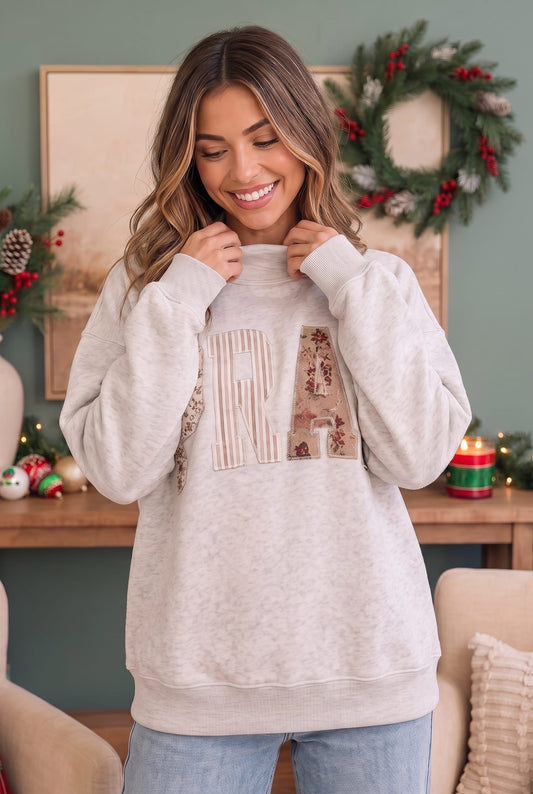 Oatmeal crewneck sweatshirt with patchwork fabric applique, photo 2 of 3