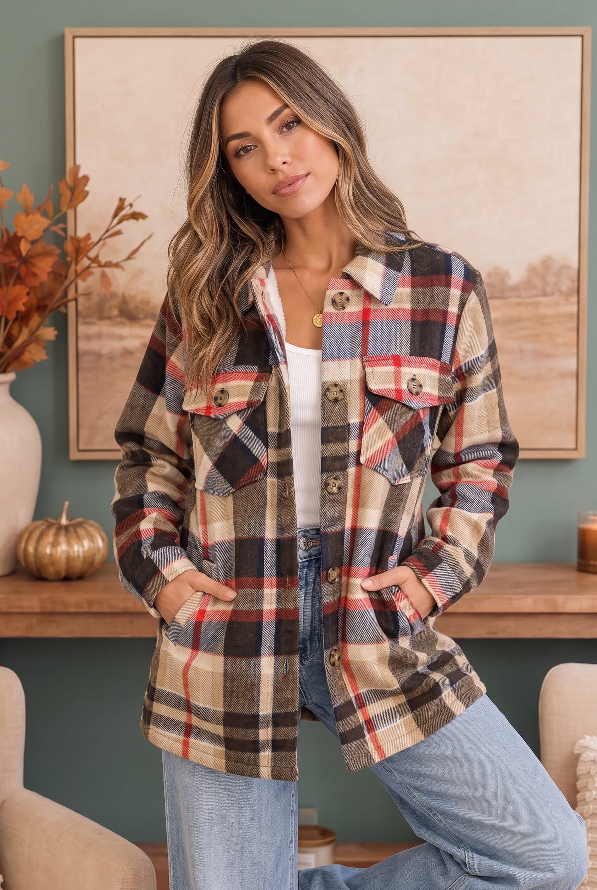 Coffee brown plaid sherpa lined shacket, photo 3 of 3
