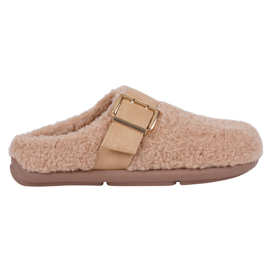 Tan plush mule slipper with buckle, photo 2 of 5