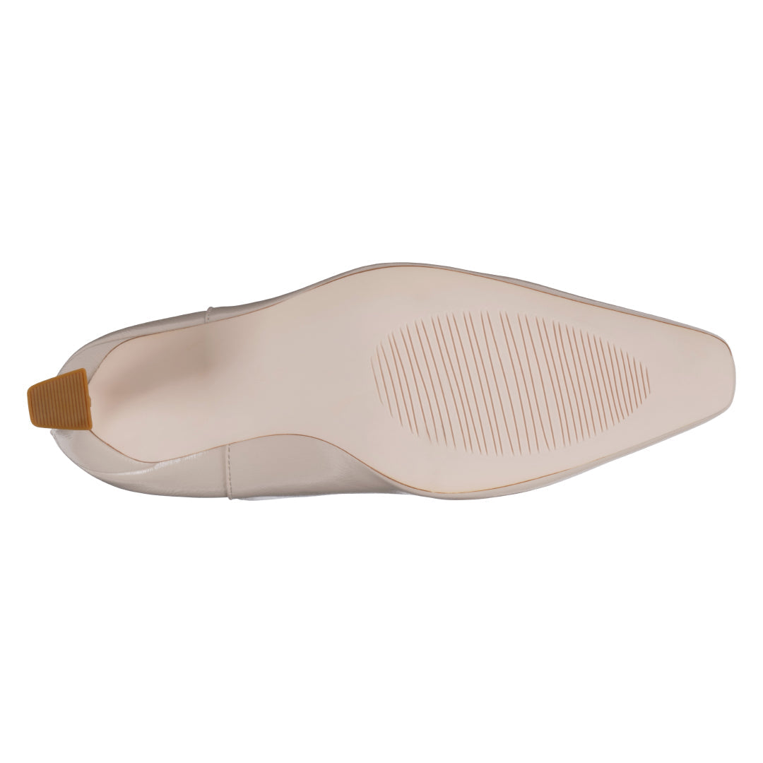 Glossy off white pointed toe bootie with flared heel, photo 5 of 5