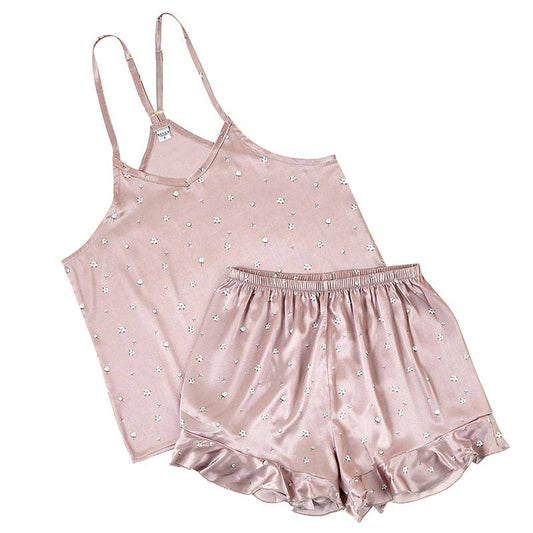 Satin cami and ruffled shorts pajama set with cotton blossom print, photo 2 of 5