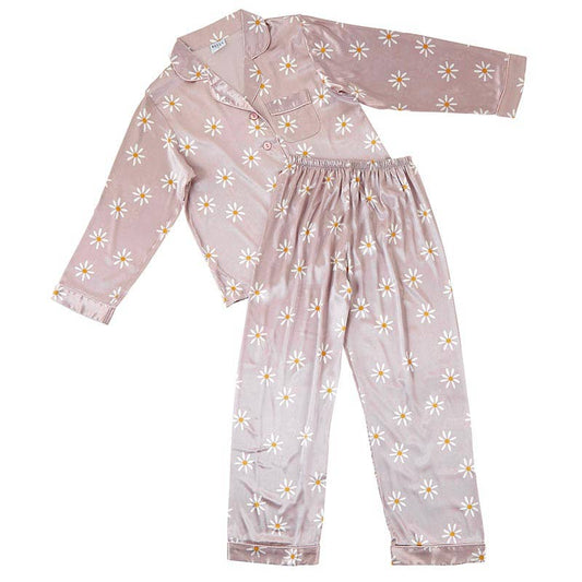 Daisy print satin long sleeve pajama set with full length pants, photo 2 of 7