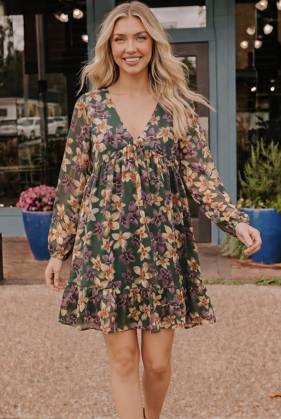 Forest Blooms Long Sleeve Mini Dress styled for a holiday party