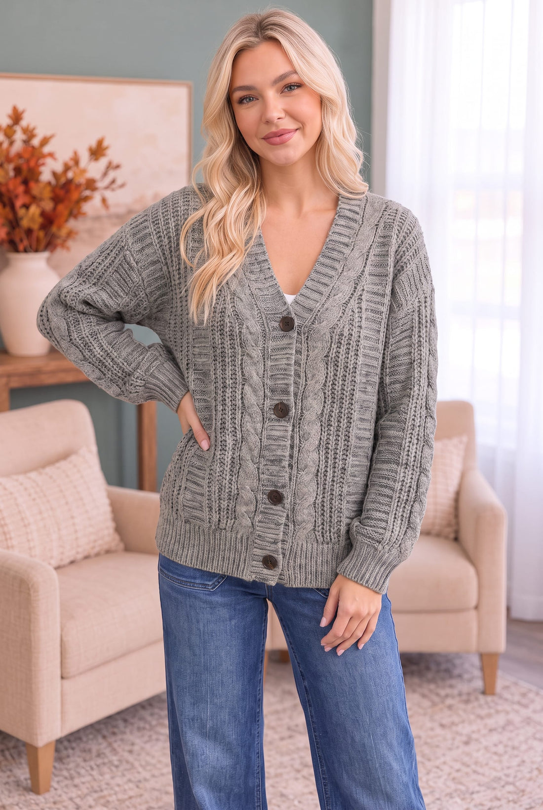 Olive cable knit cardigan layered for fall