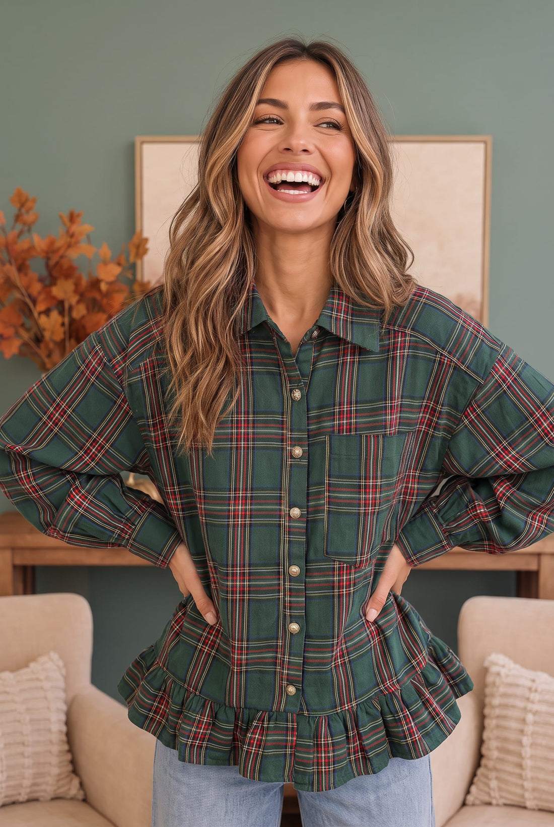 Green plaid ruffle hem flannel top, a trendy fall top for women