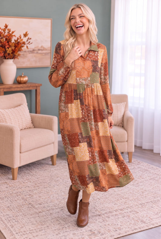 Brown patchwork long sleeve midi dress styled for fall