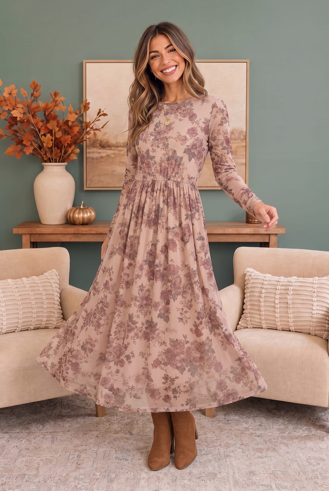 Blush floral mesh midi dress for a fall date night