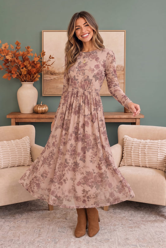 Blush floral mesh midi dress for a fall date night