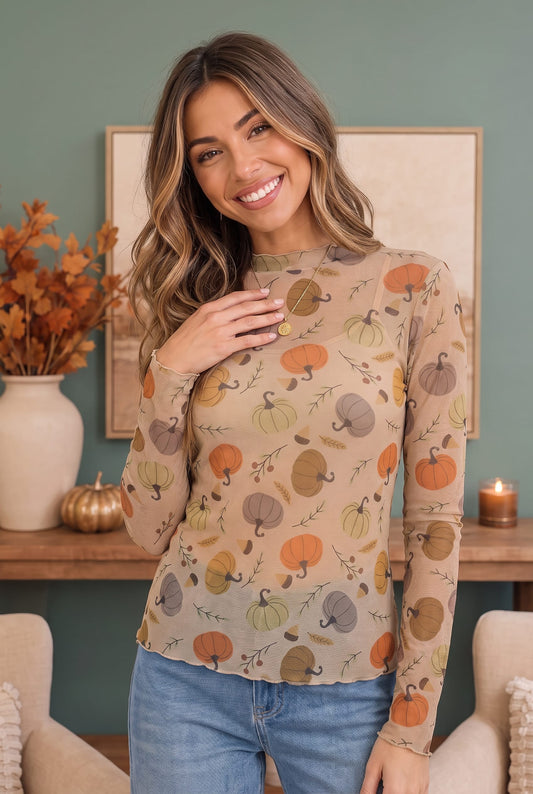 Pumpkin print mesh long sleeve top, a cute pumpkin patch outfit