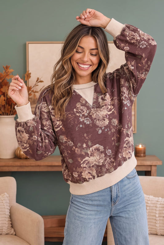 Mocha vintage rose sweatshirt styled for fall