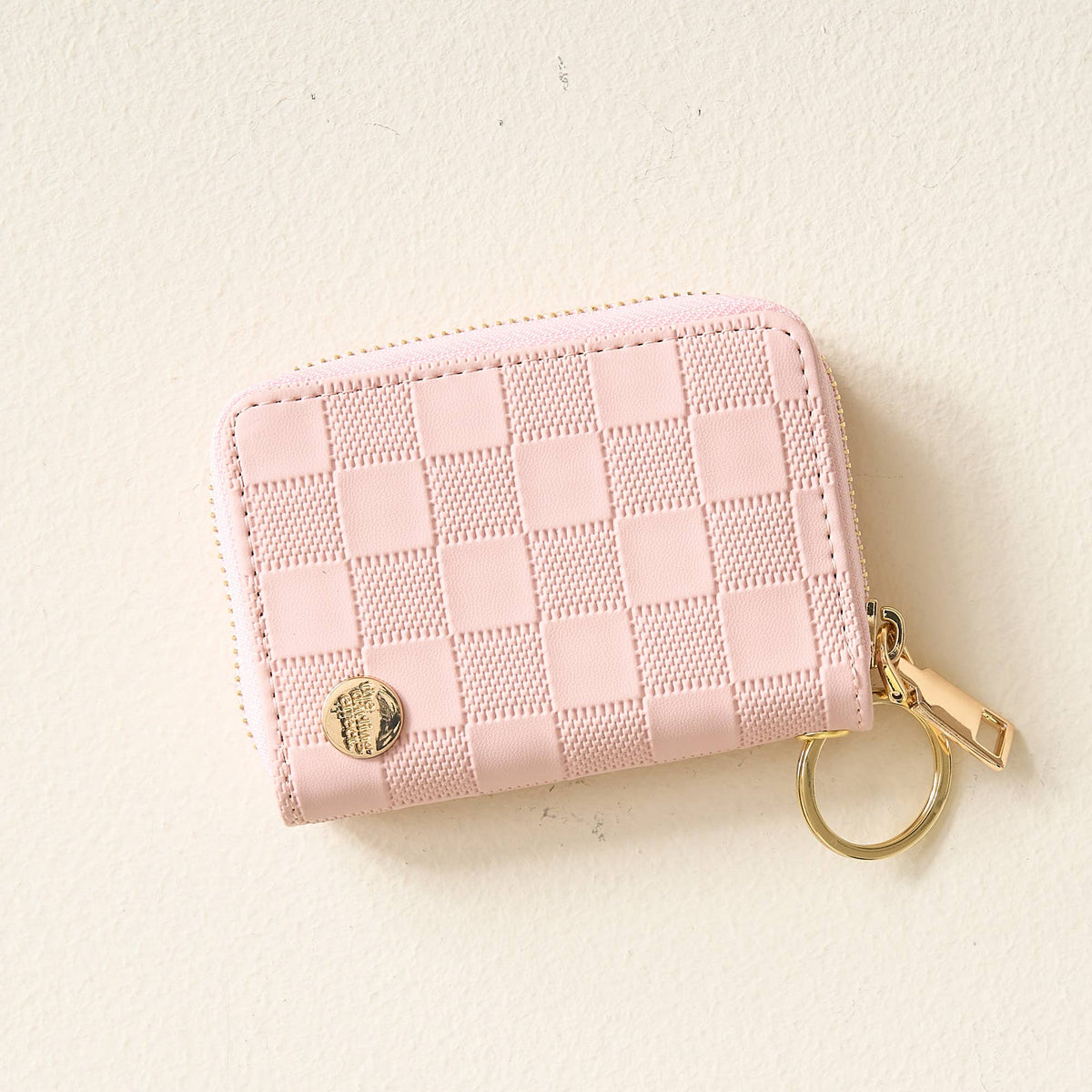 Blush pink checkered zip around card wallet, photo 1 of 6