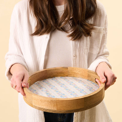 Large round wood enamel tray with blue floral design, photo 4 of 4
