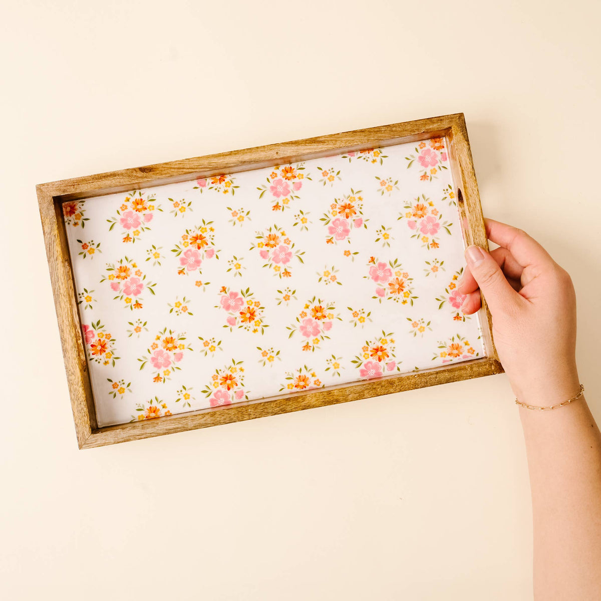 Cream rectangle wood enamel tray, photo 2 of 4