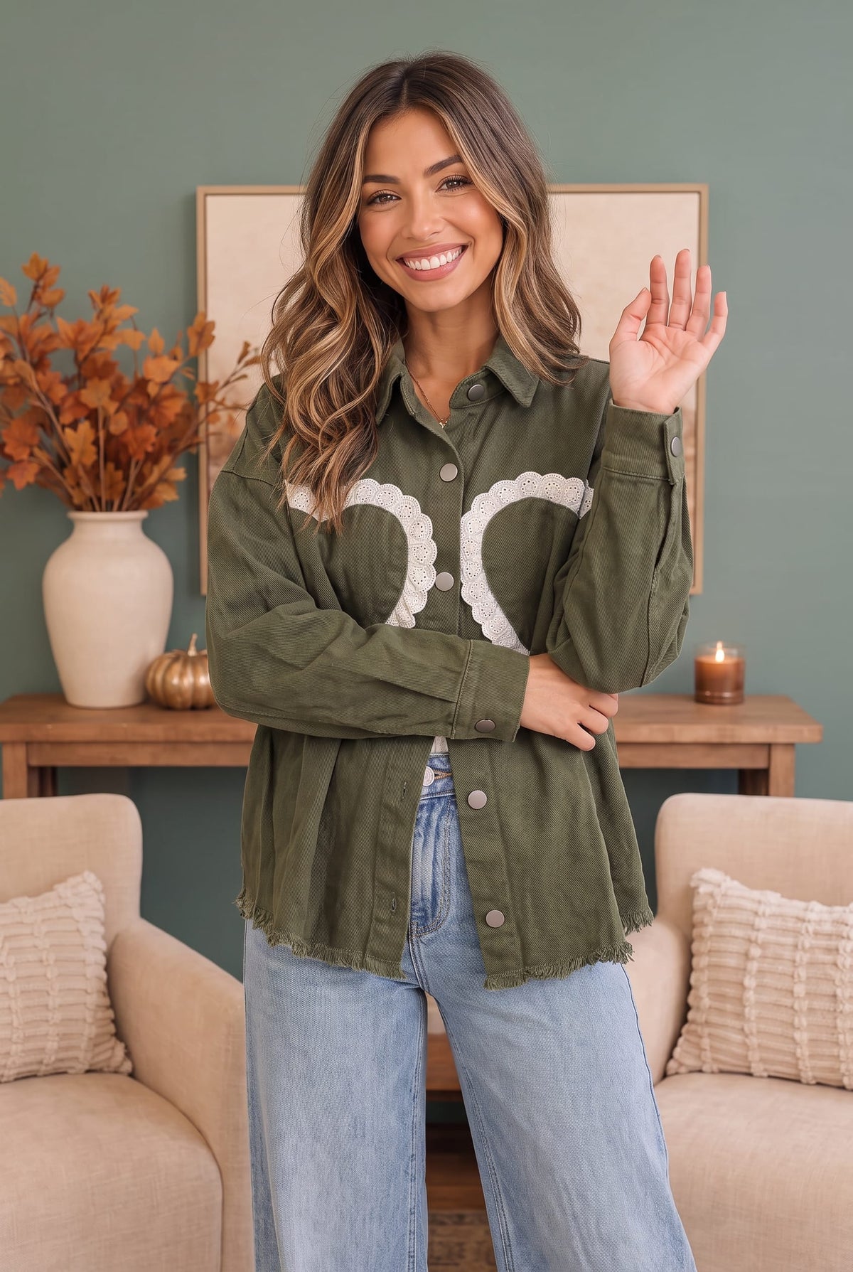 Olive corduroy shacket with lace trimmed heart appliques, photo 2 of 3