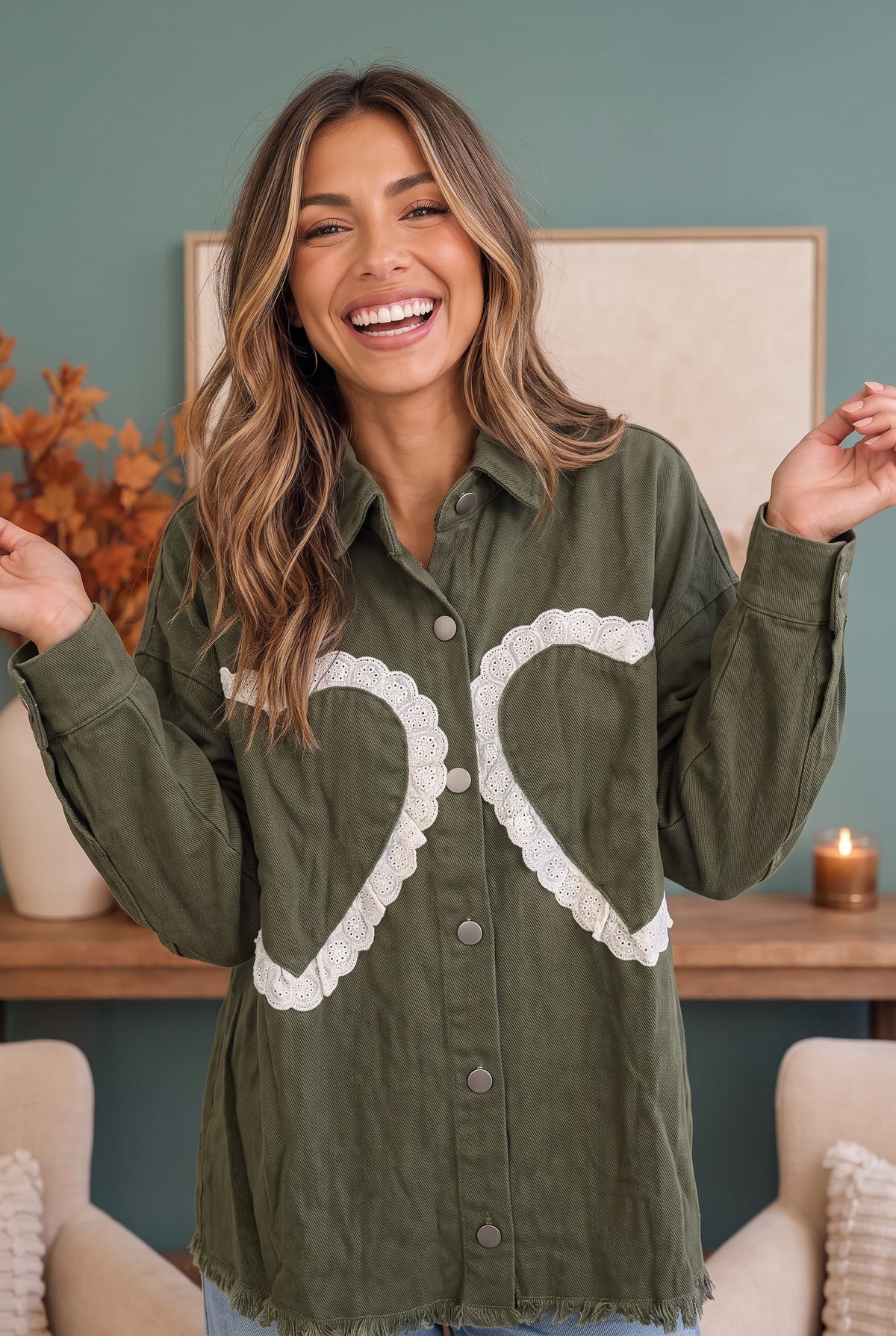 Olive corduroy shacket with lace trimmed heart appliques, photo 3 of 3