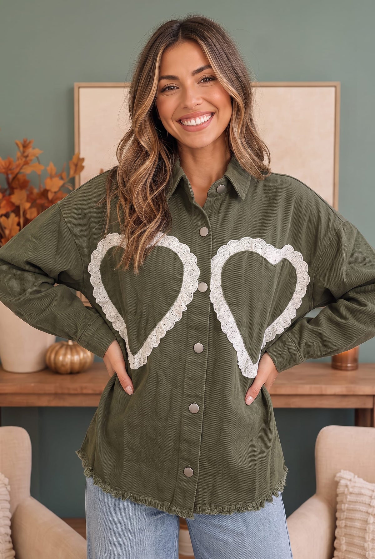 Olive corduroy shacket with lace trimmed heart appliques, photo 1 of 3