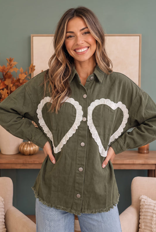 Olive corduroy shacket with lace trimmed heart appliques, photo 1 of 3