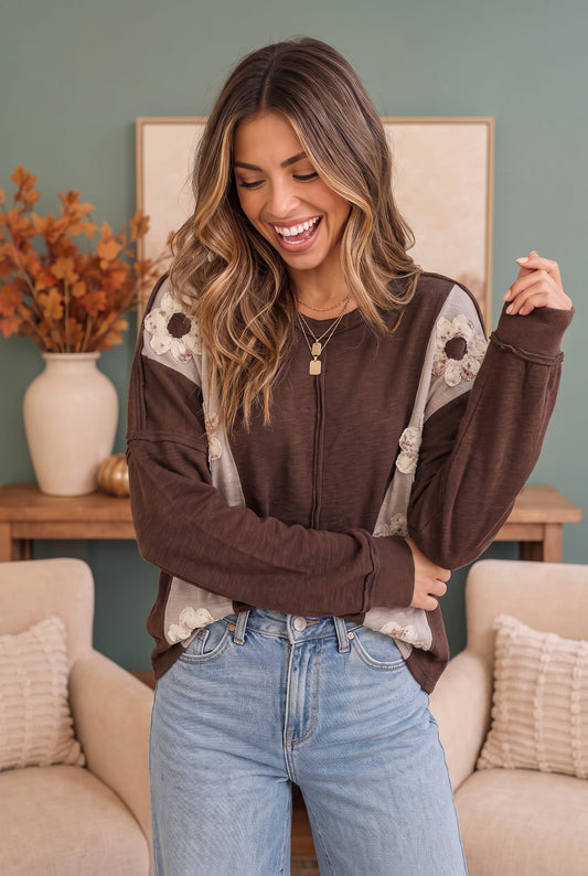 Chocolate brown long sleeve knit top with daisies, photo 2 of 3
