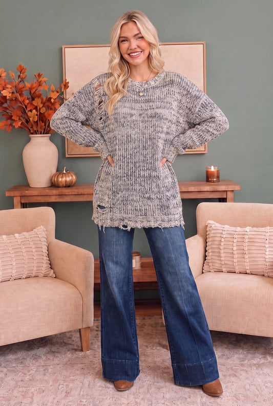 Distressed marled knit sweater, photo 2 of 3