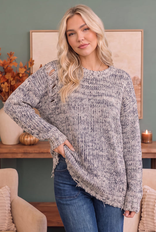 Distressed marled knit sweater, photo 1 of 3