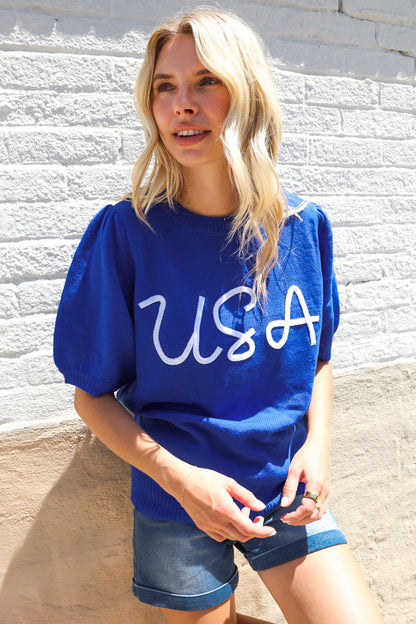 Patriotic USA Blue Knit Embroidery Puff Sleeve Sweater Top