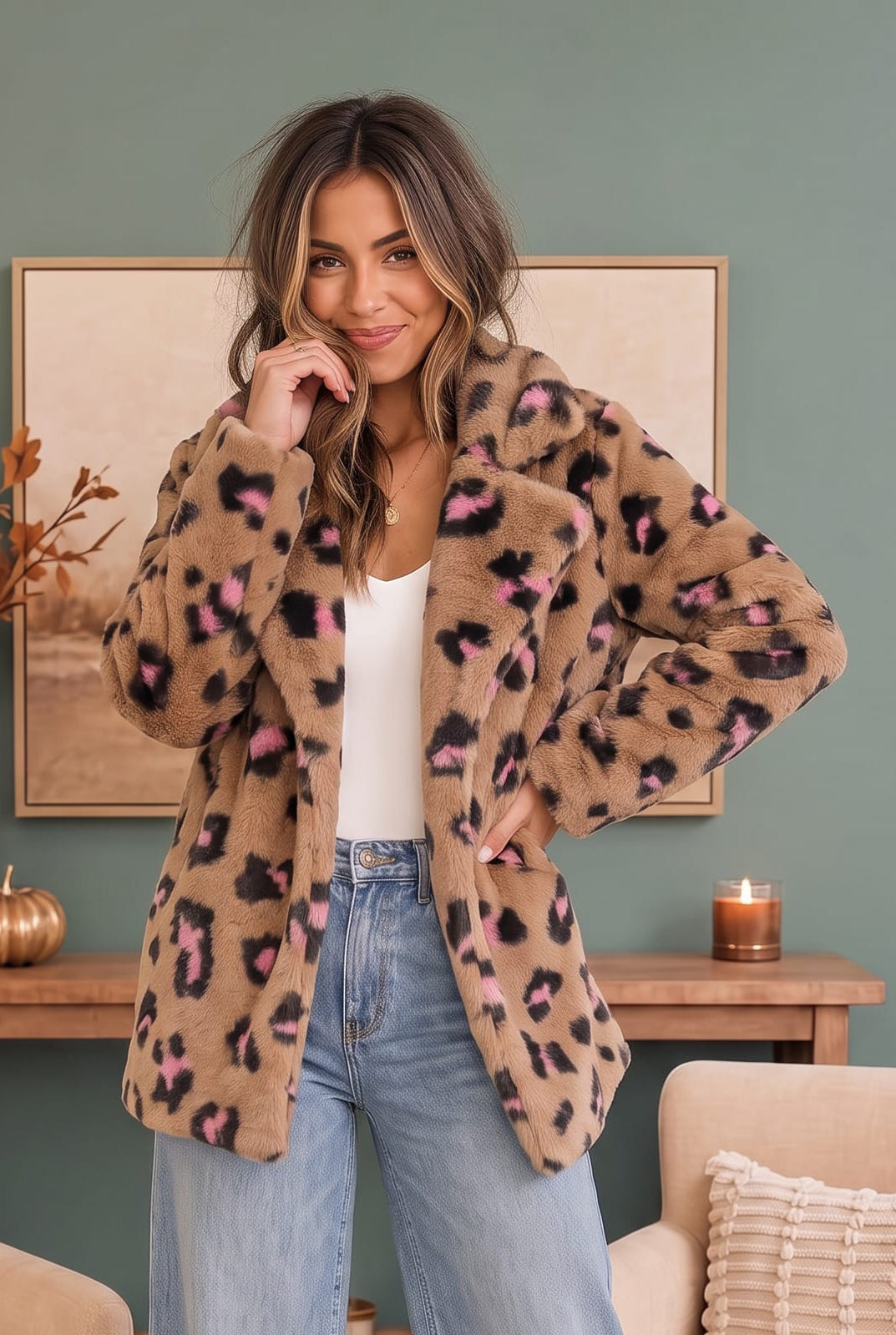 Faux fur teddy coat with pink and black leopard print, photo 1 of 4