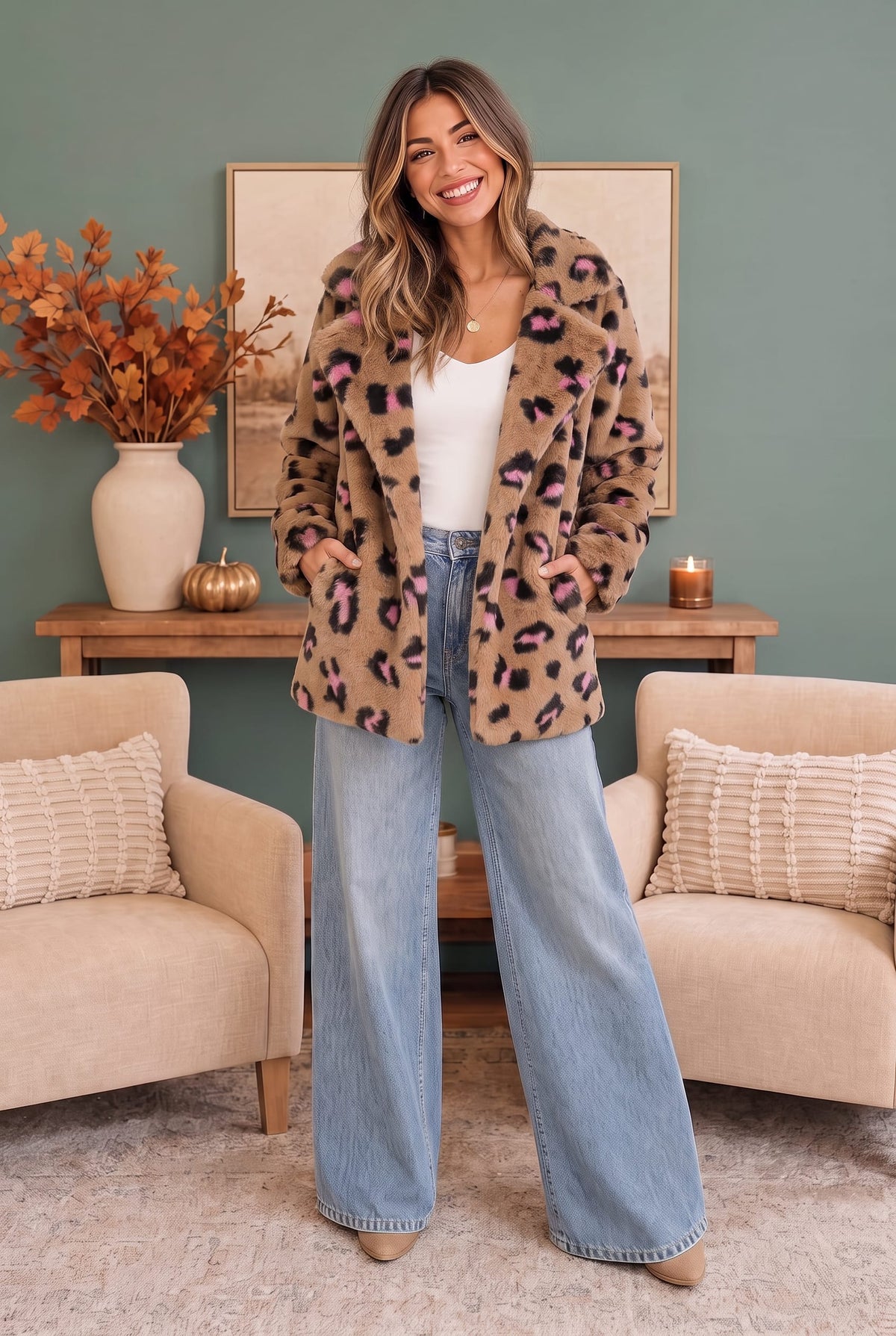 Faux fur teddy coat with pink and black leopard print, photo 3 of 4