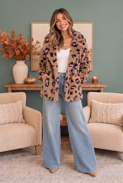 Faux fur teddy coat with pink and black leopard print, photo 3 of 4
