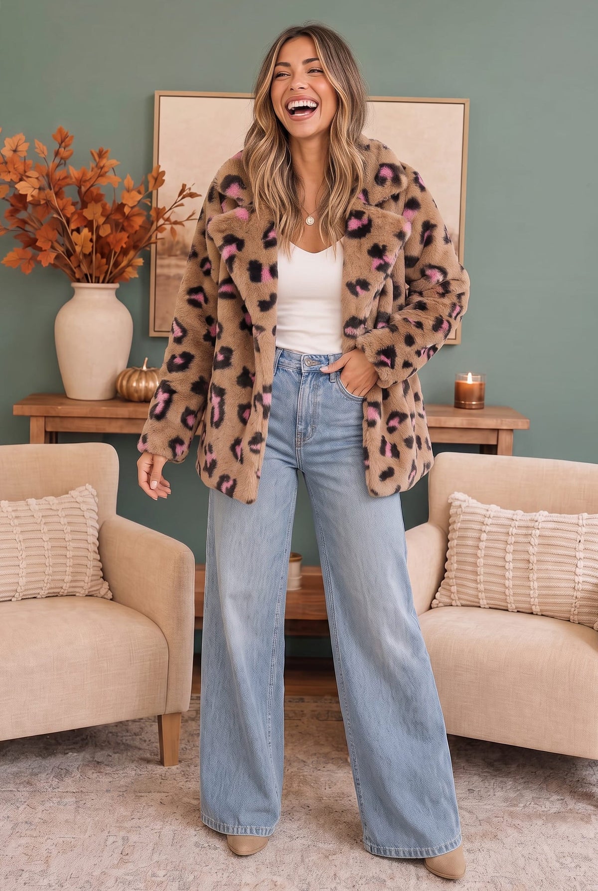 Faux fur teddy coat with pink and black leopard print, photo 4 of 4