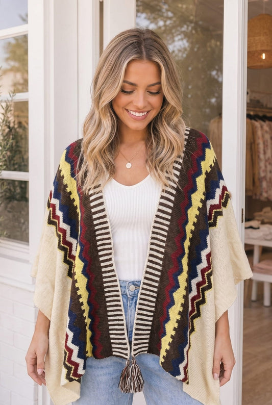 Open front knit kimono wrap with tassel tie, photo 1 of 5