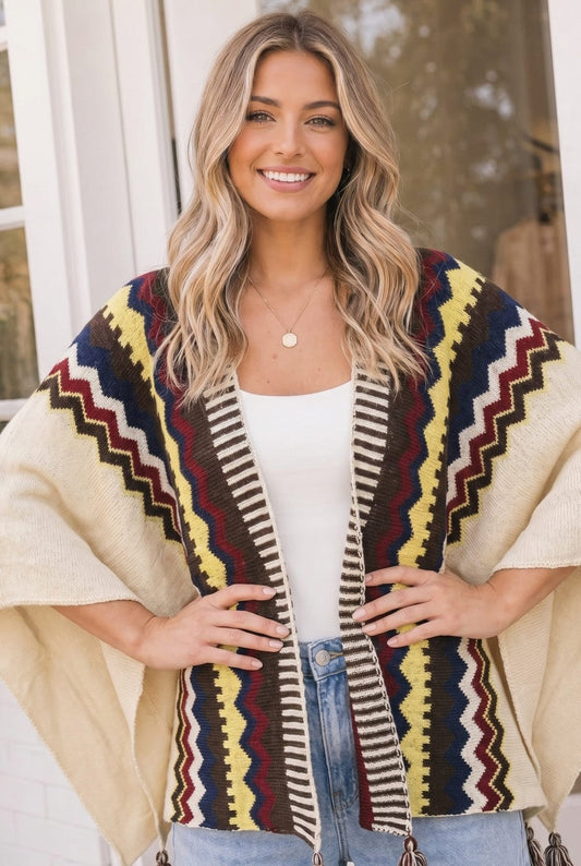 Open front knit kimono wrap with tassel tie, photo 2 of 5