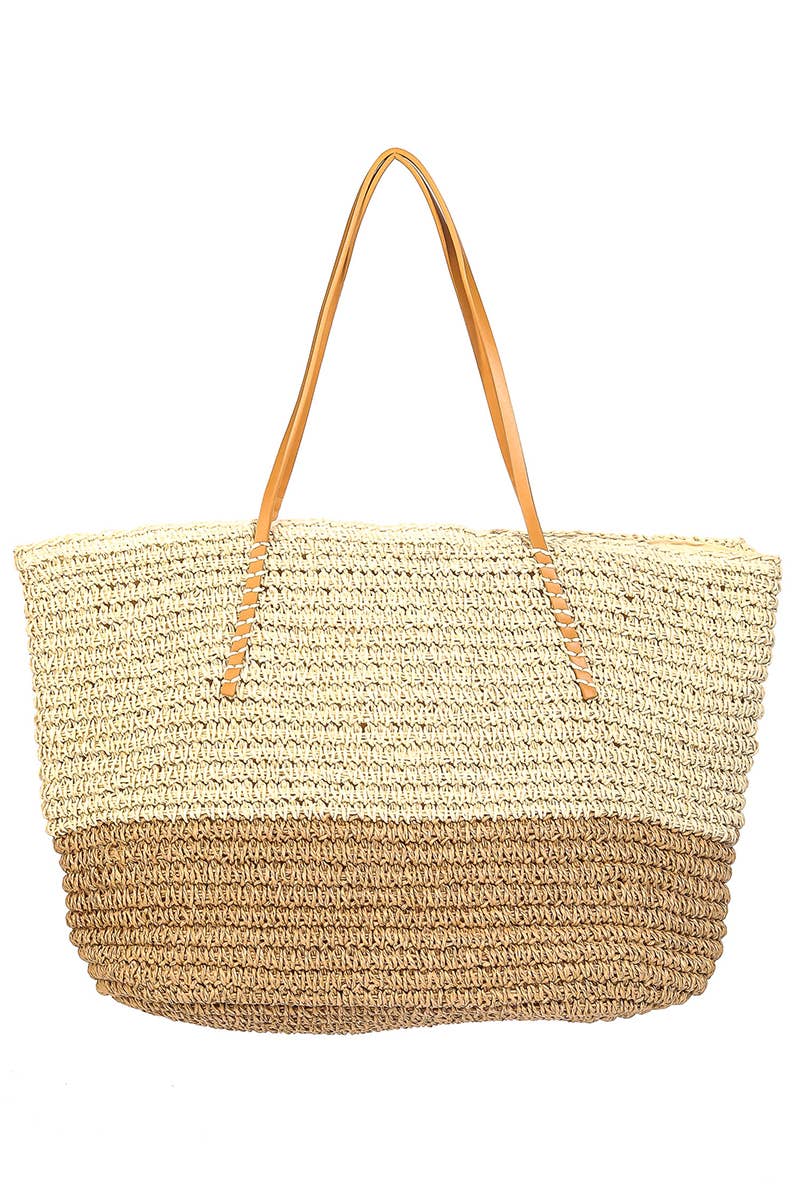 Bone colored braided straw beach tote bag