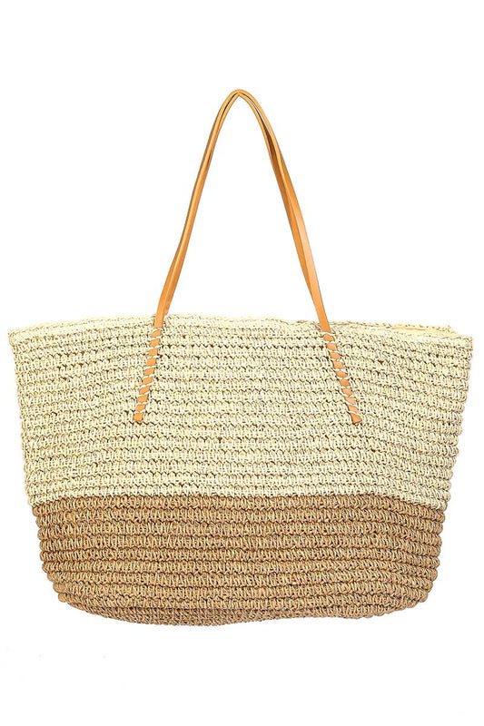 Bone colored braided straw beach tote bag