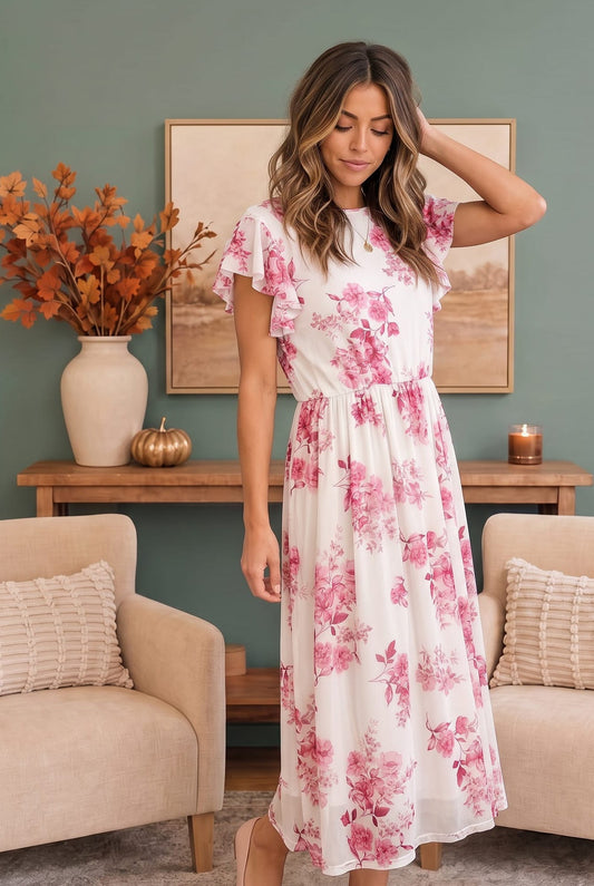 White mesh midi dress with pink floral print, photo 1 of 5