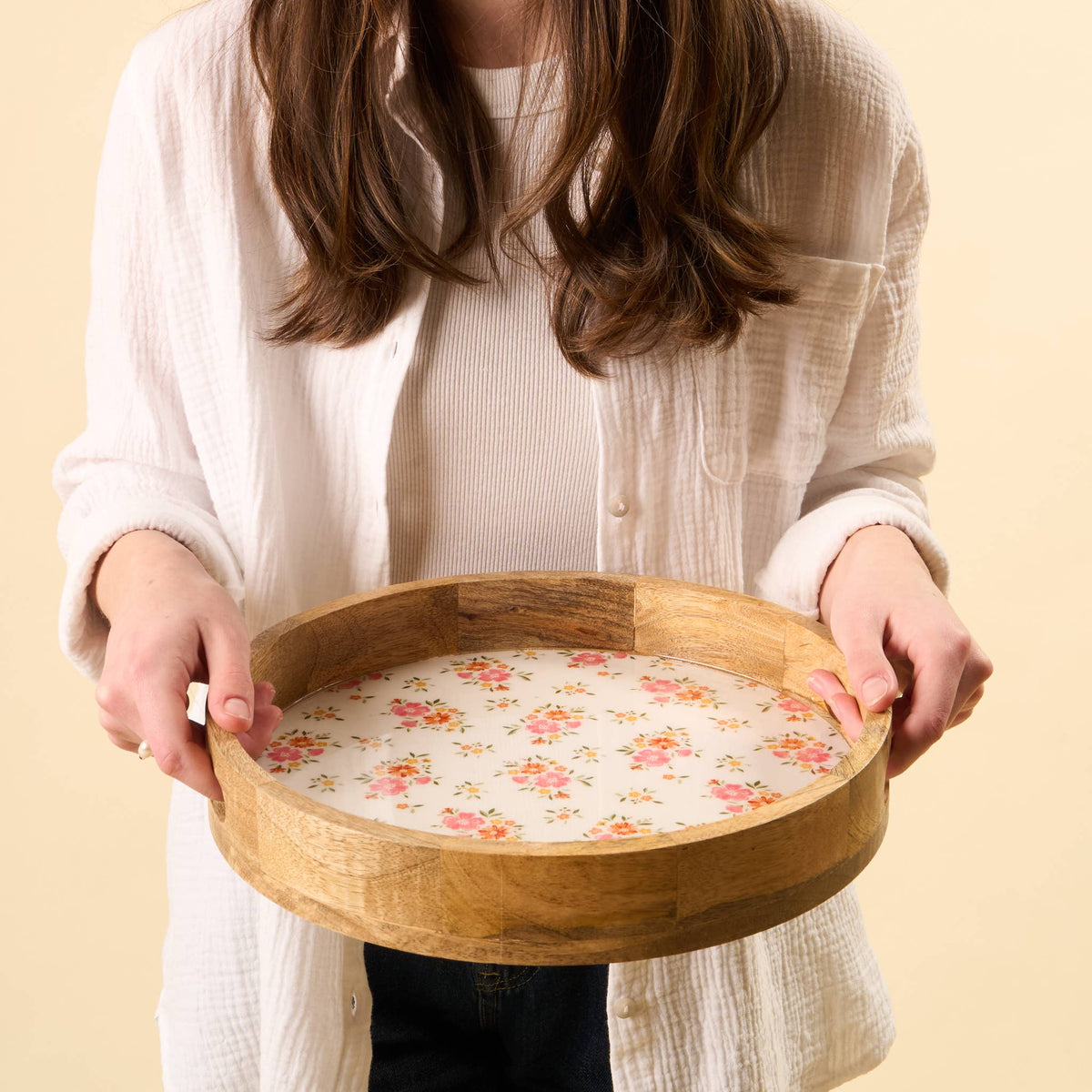 Cream large round wood enamel tray, photo 3 of 3