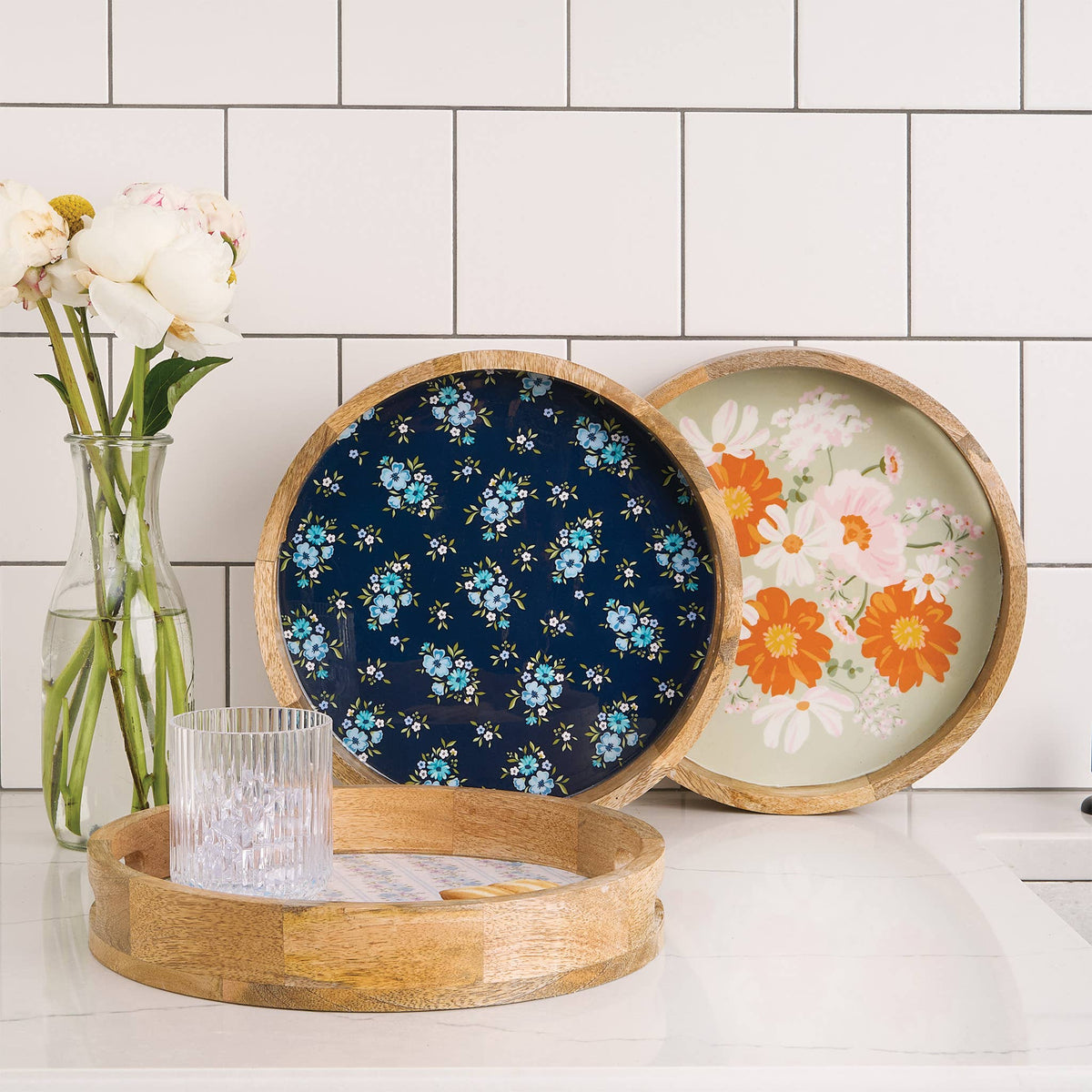 Large round wood enamel tray with blue floral design, photo 3 of 4