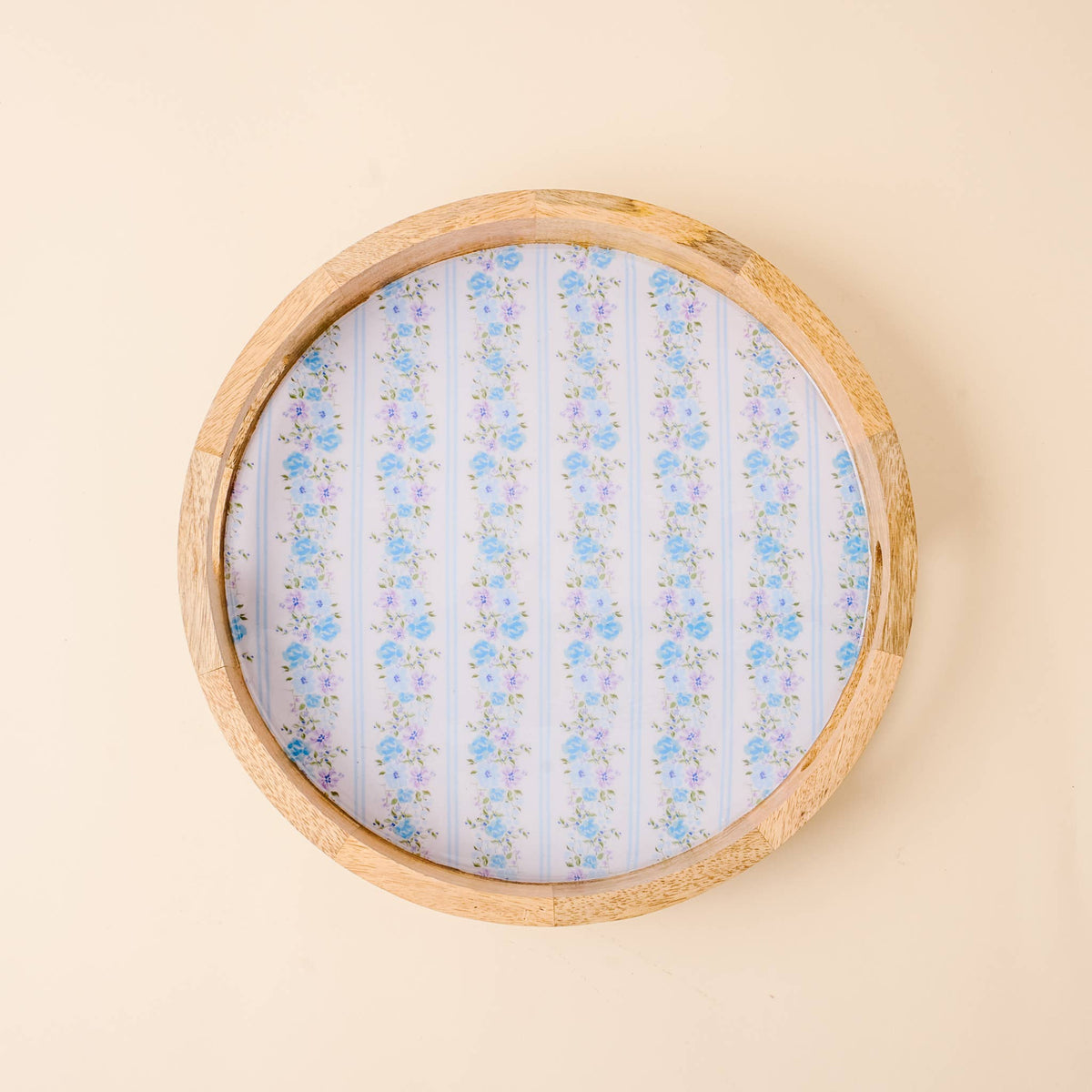 Large round wood enamel tray with blue floral design, photo 1 of 4