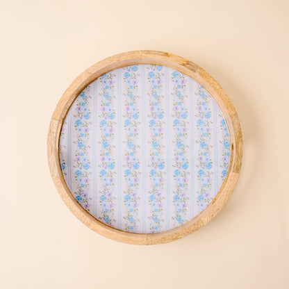 Large round wood enamel tray with blue floral design, photo 1 of 4